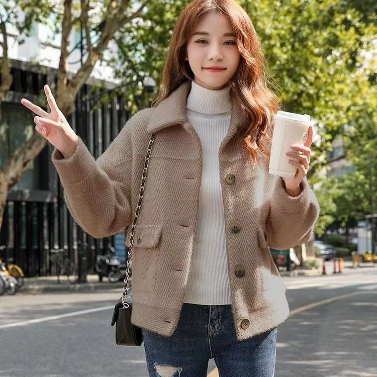 2023 Autumn Winter Women's Clothing Imitation Mink Fleece Short Jacket Versatile Golden