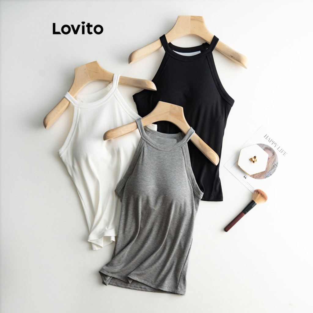 Lovito Casual Plain Chest Pad Tank Top for Women LNL36137 (Khaki/Apricot/Grey/White/Black)
